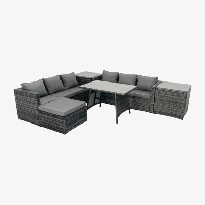 The Range Fimous Rattan Dining Table and Sofa Set with 2 Side Tables and Large Footstool Dark Grey Mixed - Dark Grey Mixed