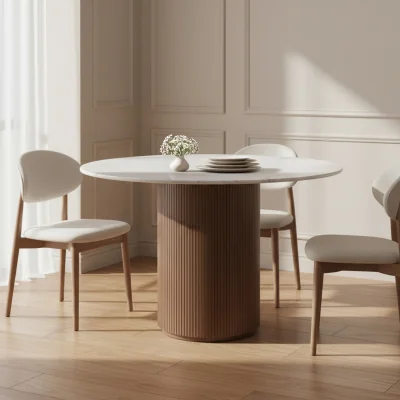 The Range Luxor Natural Marble  and Wood Pedestal Dining Table 6 seater 120cm - Tan