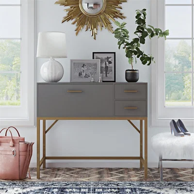 The Range Wooden Grey Lennon Console Bar Table Unit With Storage Drawers - Grey Soft Brass