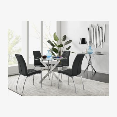 The Range Novara Chrome Metal 100cm Round Glass Dining Table And 4 Isco Dining Chairs - Black