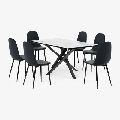 The Range Marble Effect Ceramic Dining Table with 6 Dining Chairs Set - White & Blue