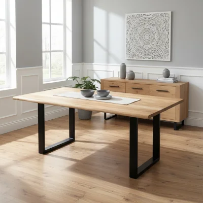 The Range Natural Essential Live Edge Medium Dining Table - Black metal Legs 4-6 seater - Tan