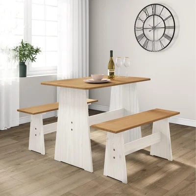The Range Liam Dining Table With 2 Bench Set Kitchen Diner Bench Set Solid Pine - White & Honey