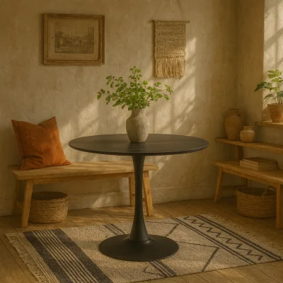 The Range Cloverfern Round Dining Table Matt Ceramic Top Curved Steel Base 4 Seater - Black
