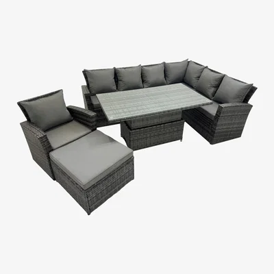 The Range Fimous 8-Seater Rattan Corner Sofa Set Rising Dining Table - Dark Grey Mixed
