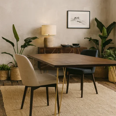The Range Bandung Dark Mango Wood Dining Table with Gold Inlays and Gold Hairpin Legs - Brown
