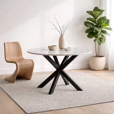 The Range Perth 4 Seater Round Polished Marble Dining Table Matt Steel Legs - White