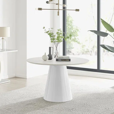 The Range Palma White Beige Stone Effect Round Pedestal Kitchen Dining Table 4 or 6 Seat - Beige Stone