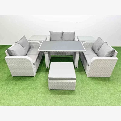 The Range Fimous 7-Seater PE Rattan Patio Set with Tempered Glass Dining Table, Light Grey. - Light Grey