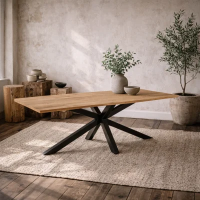 The Range Perth 220cm Oak Veneer Rectangular Dining Table with Black Metal Legs - Natural