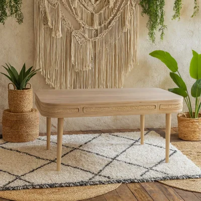 The Range Chicago Cane and Carved Mango Wood 6 Seater Dining Table - Neutral