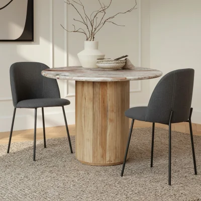 The Range Ajmer Round Real Marble Stone  Dining Table 100cm with Pedestal wooden base - Tan