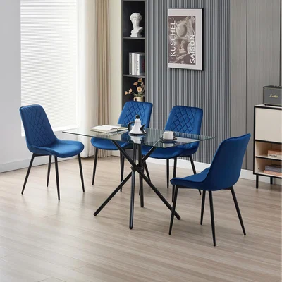 The Range Miami Dining Table with 4 Amelia Velvet Chairs - Blue