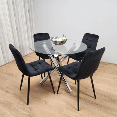 The Range Round Clear Glass Dining Table and 4 Tufted Black Velvet Dining Set - Black