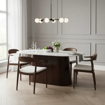 The Range Oval White Marble Large Dining Table and Wooden Base with Storage 6 to 8 seater - Tan