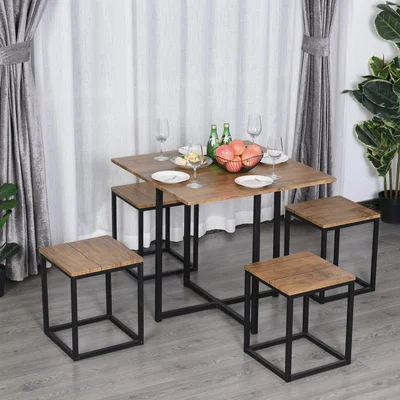The Range 5 Piece Industrial Boxy Table and Stool Set - Black and Brown