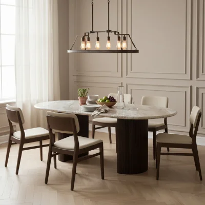 The Range Ajmer Oval Natural Stone Marble Dining Table with Dark wood  legs 6 to 8 Seater - Tan