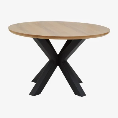 The Range Salford Wood Veneer Round Dining Table With Black Metal Legs - Black