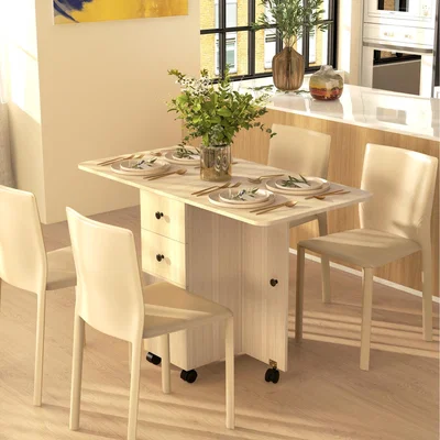 The Range HOMCOM Folding Dining Table, Drop Leaf Table with Drawers Cabinet Open Shelf - Natural