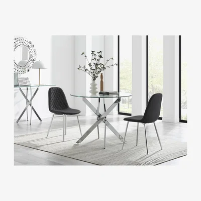 The Range Novara 100cm Round Dining Table 2 Corona Silver Chairs - Black