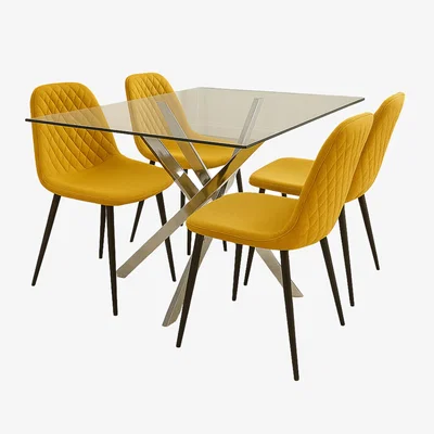 The Range Glass Dining Table with 4 black  Leather Chairs Dining Room Furniture - leather