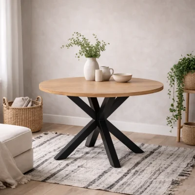 The Range Perth 120cm Round Oak Veneer Dining Table with Matt Black Metal Legs - Natural