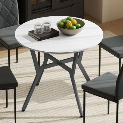 The Range HOMCOM Dining Table with Round Top, Steel Legs - High Gloss White