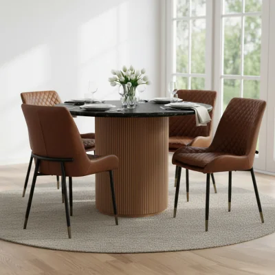 The Range Luxor Round Black Marble Top with Wood Pedestal Dining Table - Tan