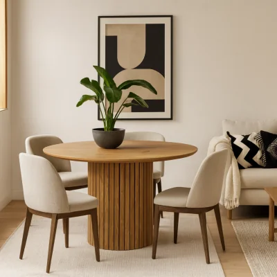 The Range Rome Round Dining Table Wild Oak Effect Matt Top with Lamella Pillar Base - Natural