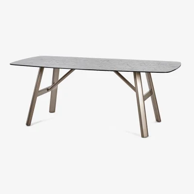 The Range Callisto Rectangular Smoked Bubble Glass Dining Table - Taupe/Brushed Bronze
