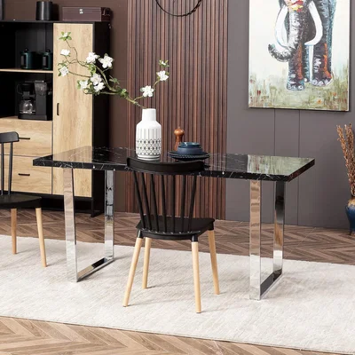 The Range Modern Dining Table with Marble Effect Table Top for Home - Black
