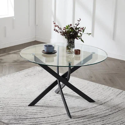 The Range Nice Round Glass Dining Table with Grey Faux Leather Chairs Black Legs - Clear Glass / 6