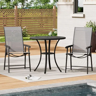 The Range Cast Aluminium Round Patio Dining Table with 2 Folding Chairs Set - Black / 65cm
