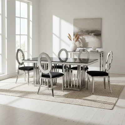 The Range Eliza Silver Finish Dining Table with Black Glass Top - Silver