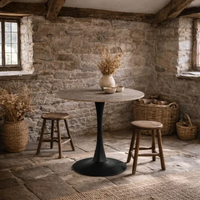 The Range Cloverfern Round Dining Table Ceramic Top Matt Steel Base - Brown