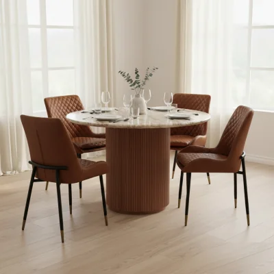 The Range Ajmer Round Marble Real Stone Dining Table 4 to 6 seater 100cm - Tan