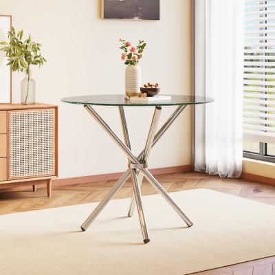 The Range Round Dining Table with Tempered Glass and Crossover Design - Transparent
