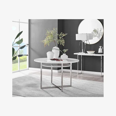 The Range Adley WHITE High Gloss and Chrome Round Storage Dining Table - White