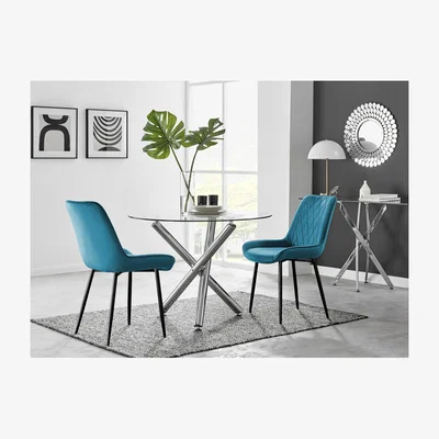 The Range Selina Round Dining Table  2 Pesaro Black Leg Chairs - Blue
