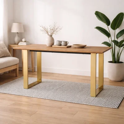 The Range Sazzuma Rectangular Dining Table with Brass U-Legs, Seats 6 - Natural