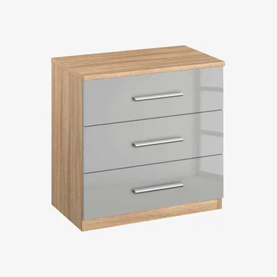 Barker and Stonehouse Celle 3 Drawer Bedside, Sonoma Oak and High Polish Soft Grey