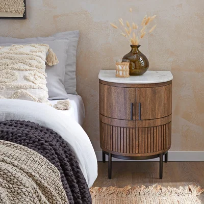 Dunelm Mila 2 Door Bedside Table, Mango Wood and Marble Brown