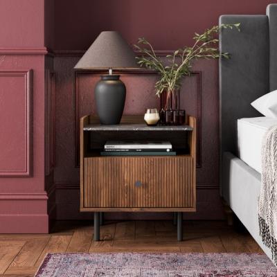 Dunelm Georgi Walnut & Marble Effect 1 Drawer Bedside Table