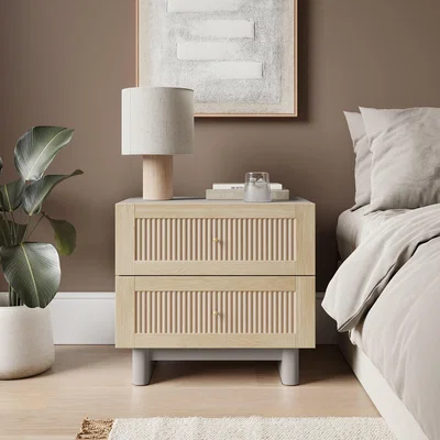 Dunelm Maeva 2 Drawer Wide Bedside Table, Light Oak Effect Light Oak
