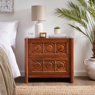 Dunelm Theodore 2 Drawer Wide Bedside Table, Mango Wood