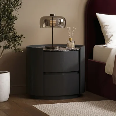 Furniture123 Black and Marble-Effect 2 Drawer Bedside Table - Raffaele