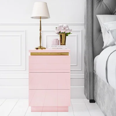 Furniture123 Pink High Gloss Bedside Table with 3 Drawers and a Gold Trim - Isabella