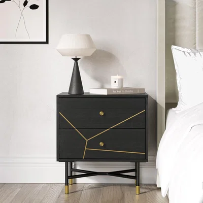 Furniture123 Black and Gold 2-Drawer Bedside Table - Monet