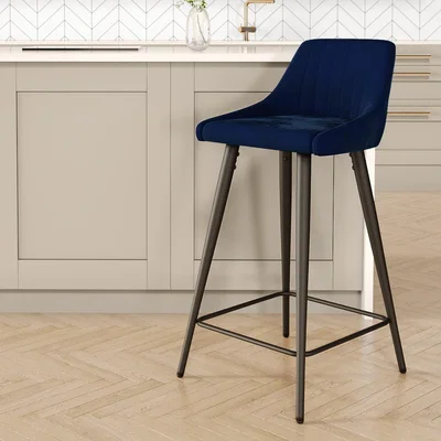Furniture123 Navy Velvet Kitchen Stool with Back - 66cm - Macie