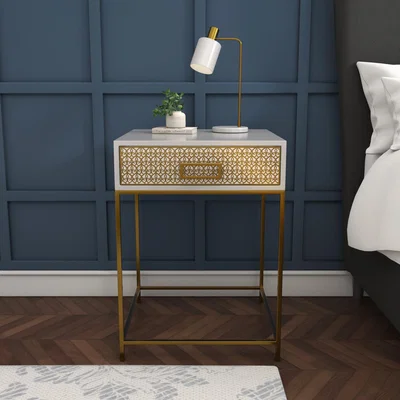Furniture123 GRADE A1 - Luna Pale Grey Bedside Table with Gold Fretwork - 1 Drawer